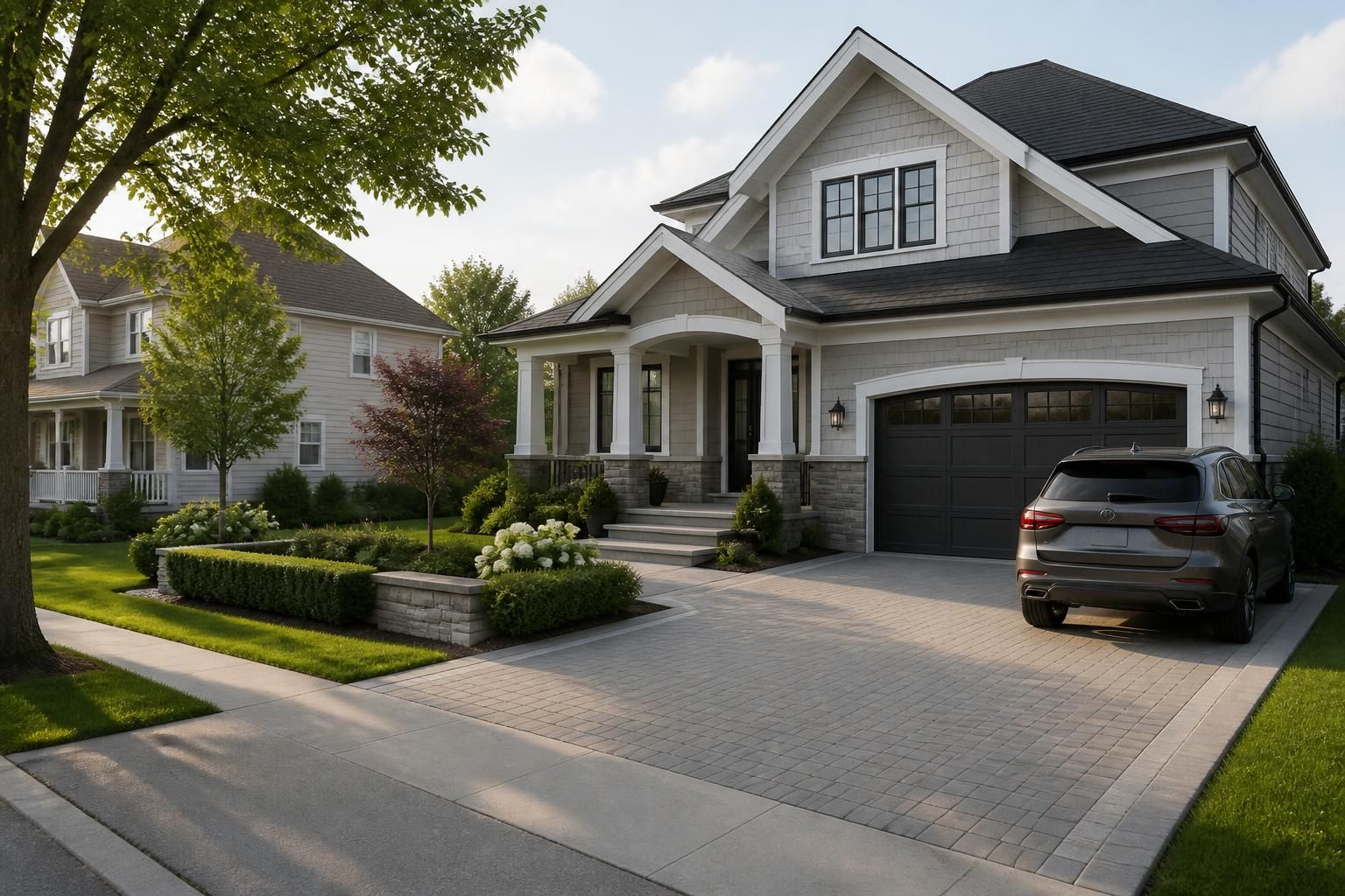 Tidy residential street with hedges and a calm driveway scene.