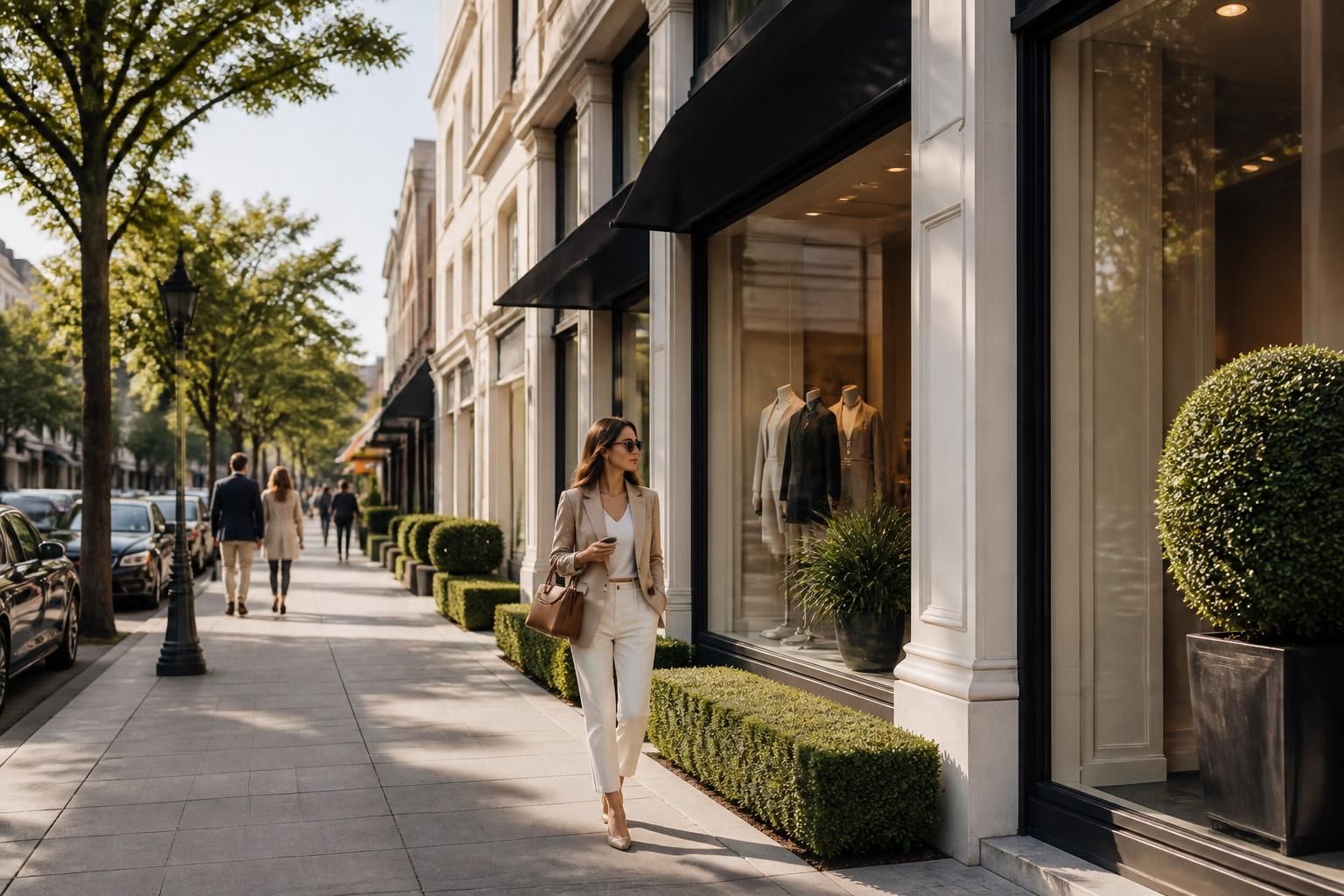 Elegant high street with classic architecture and a clean streetscape.