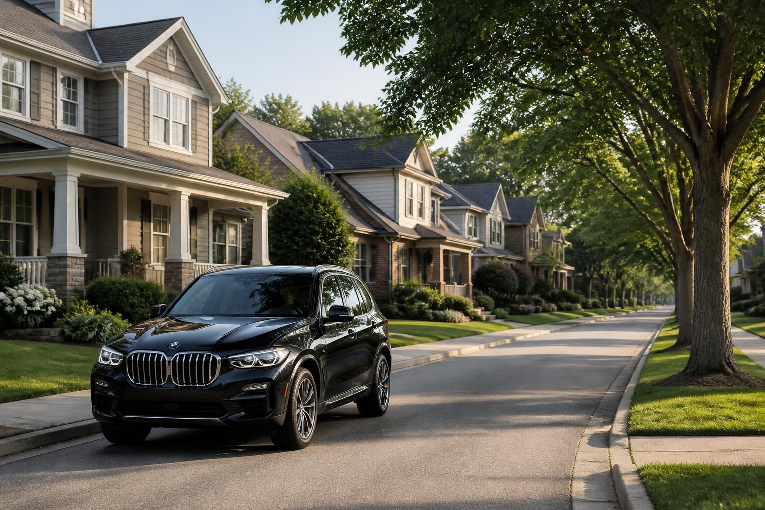 Clean suburban street with modest homes and quiet roads.