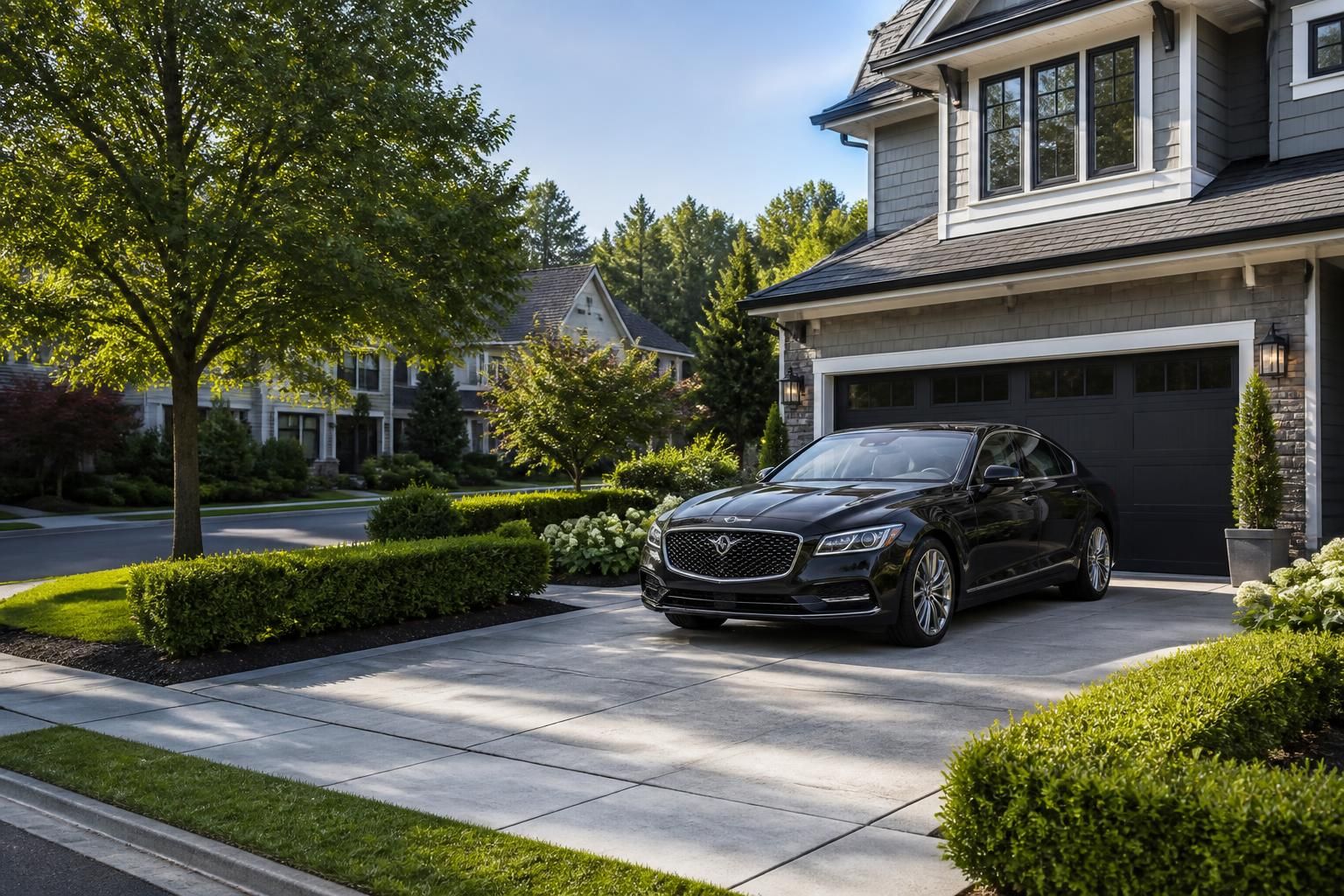 Tidy suburban street with greenery and a premium car driveway.