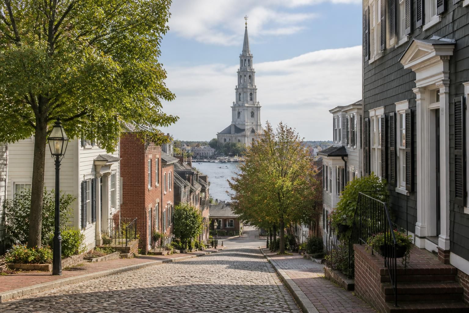 Townscape with a historic landmark and tidy streets.