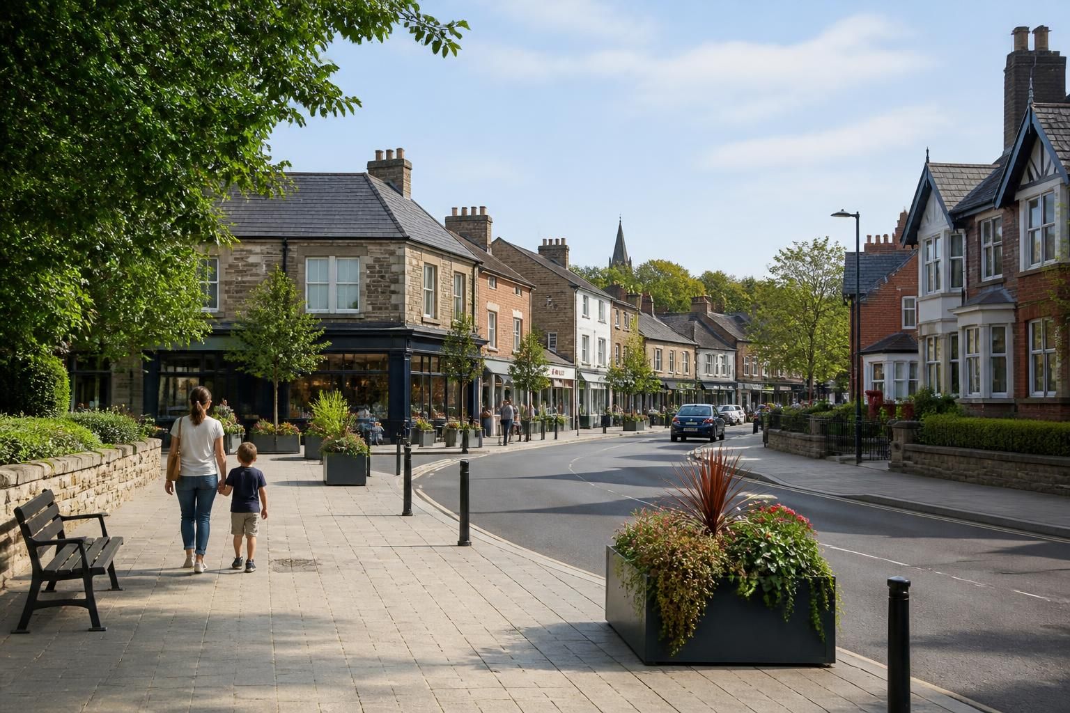 Tidy town scene with greenery and a calm local atmosphere.