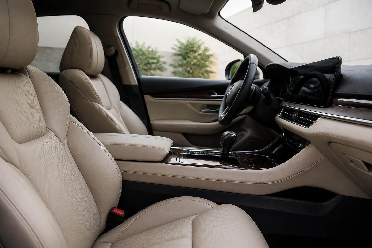 Spotless luxury car interior with clean seats and dashboard.