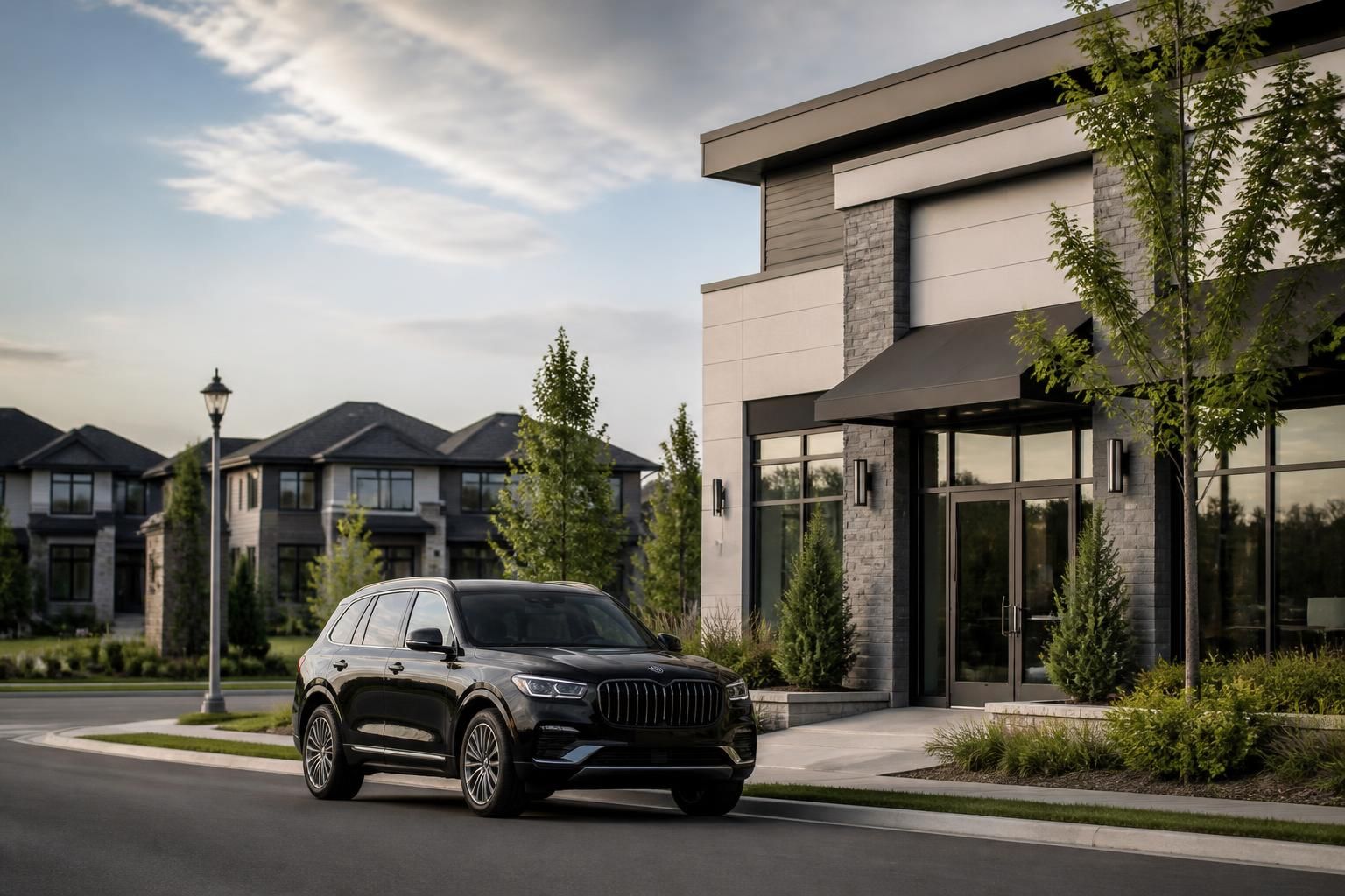 Neat suburban area with modern homes and a clean road.