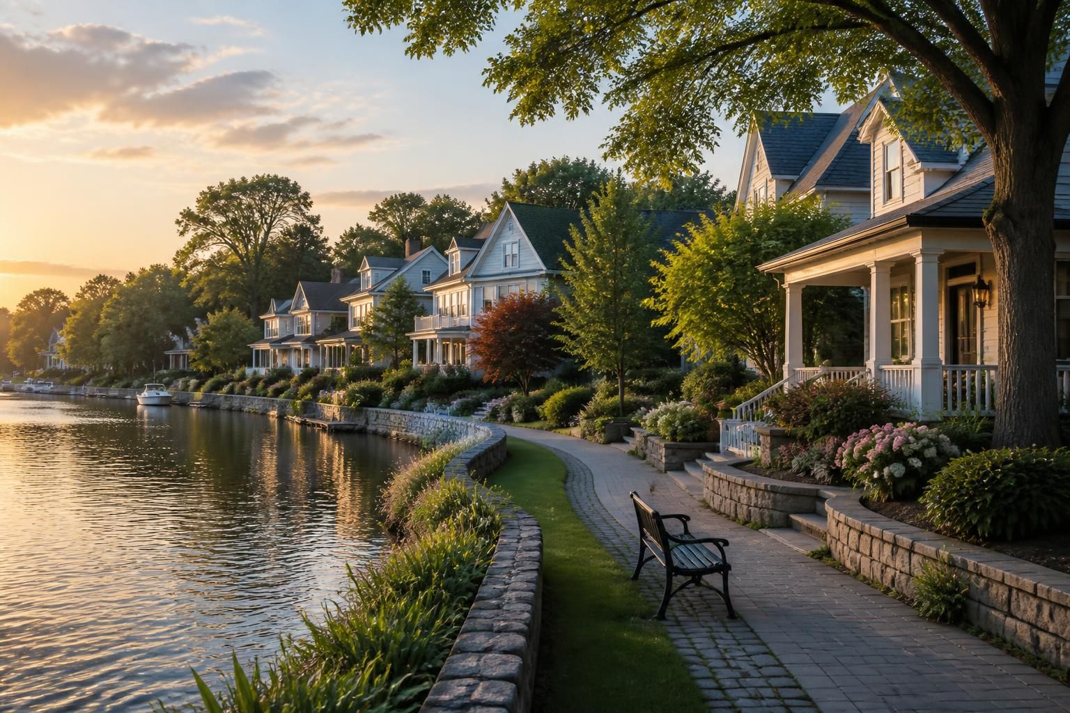 Well-kept village scene with trees and a calm neighborhood feel.