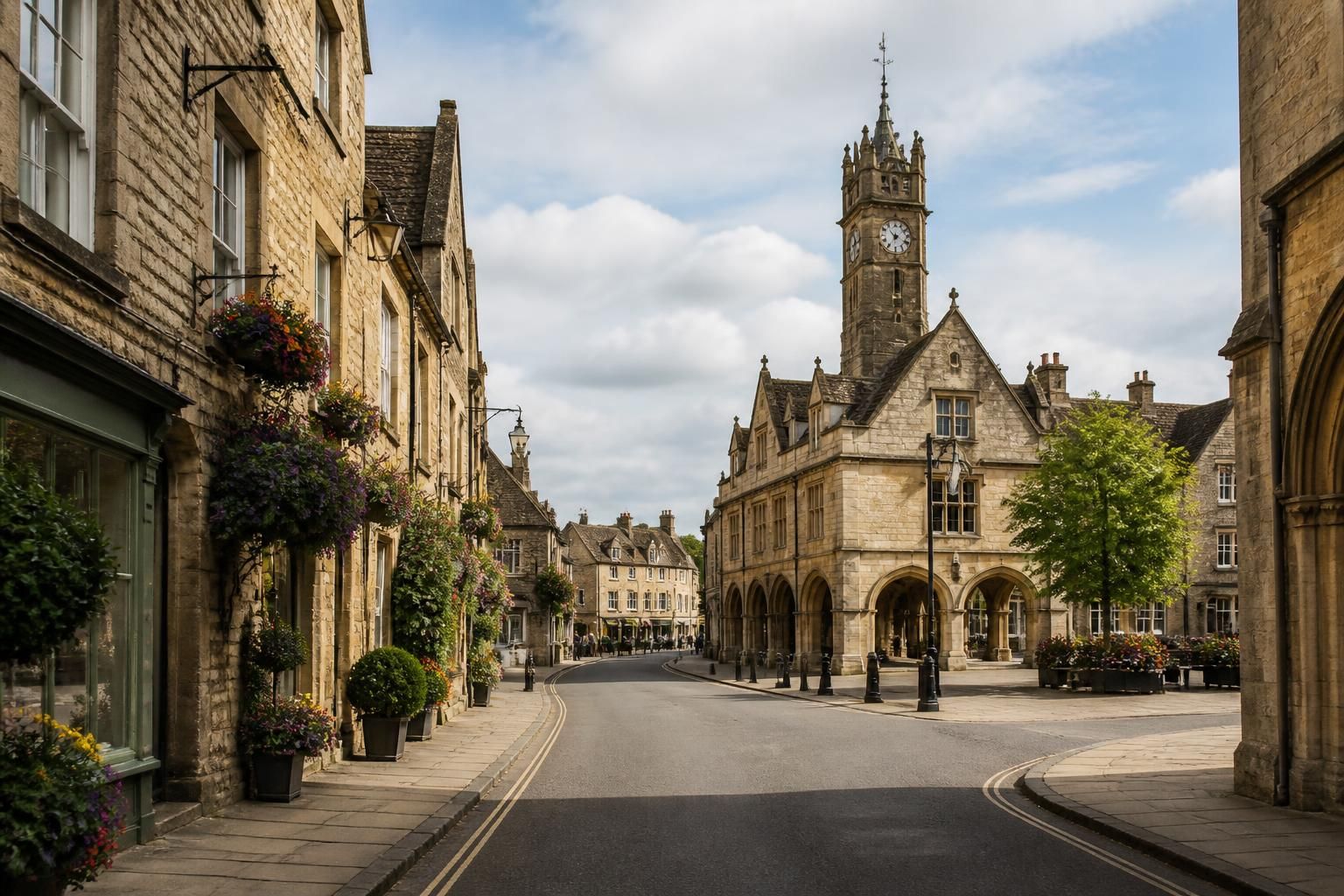 Historic market town street with elegant stone buildings.